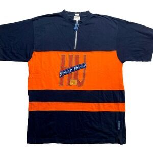 VINTAGE HEDZ UP Zip T-Shirt Mens XL Blue Orange Short Sleeve Big Logo Y2K